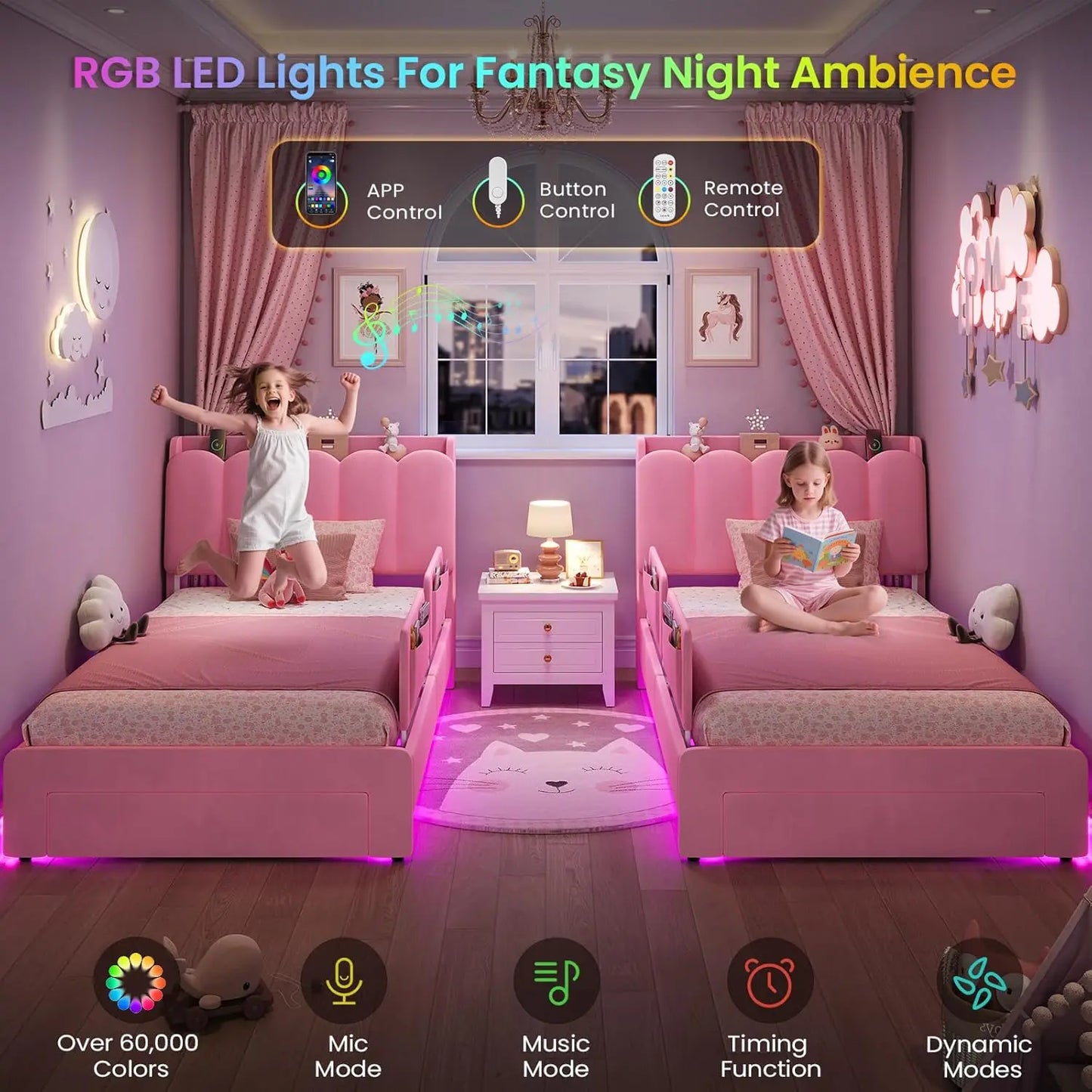 Twin Princess Bed Frame with Storage Drawer & LED Guardrails