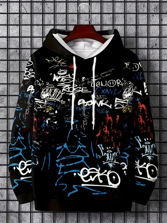 Men's personalized letter graffiti print soft and comfortable hooded sweatshirt
