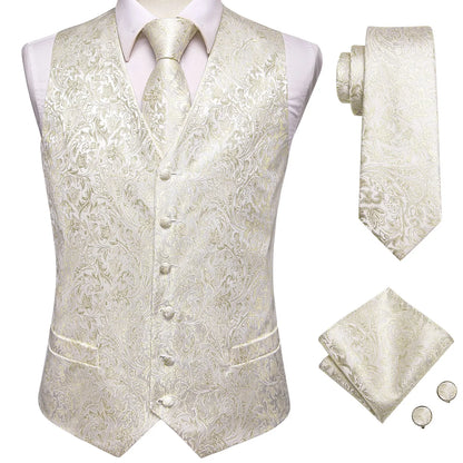 Hi-Tie 20 Color Silk Men's Vests Tie Slim Sleeveless Jacket Hanky Cufflink Waistcoat 4PC Suit