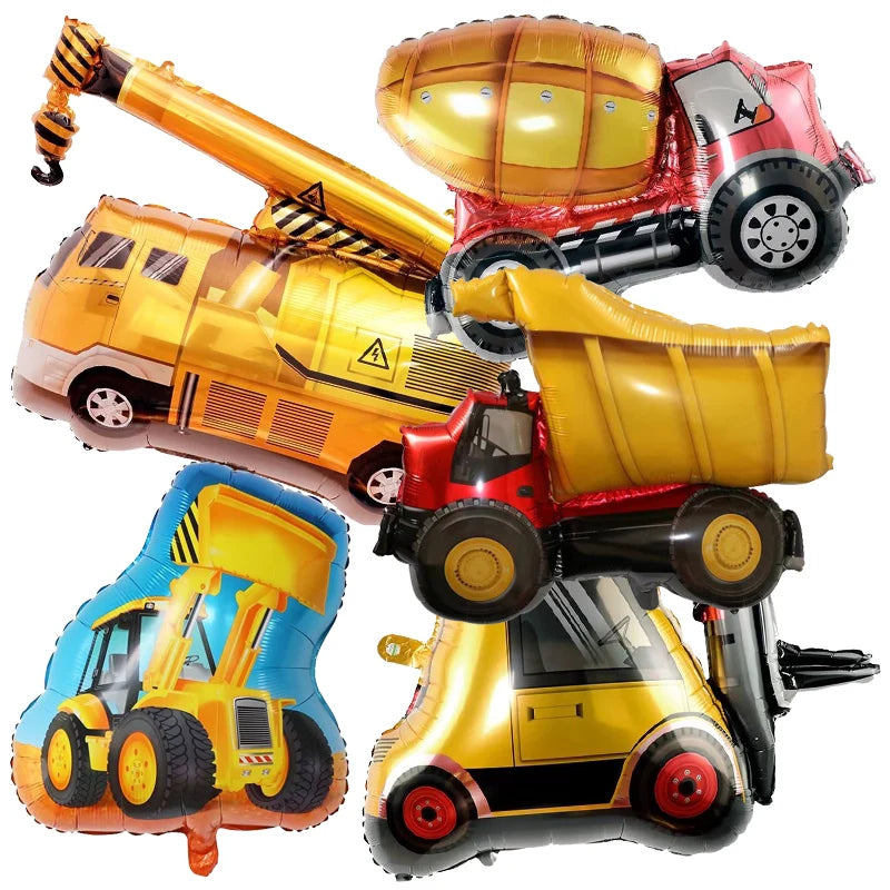5‑Piece Construction Vehicle Balloon Set – Excavator, Crane & Truck Balloons for Boys’ Birthday Party