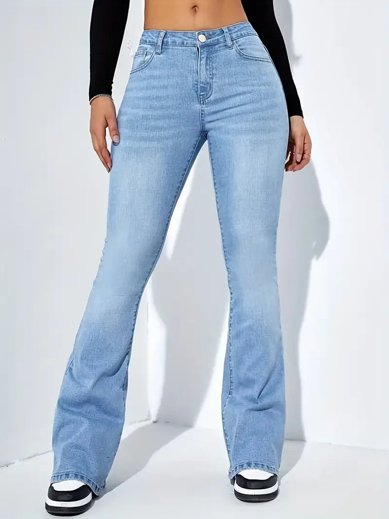 Women’s Flare Stretch Moustache Jeans – High‑Waist Gray Skinny Bell‑Bottom Denim Pants, Classic Y2K Punk Long Trousers