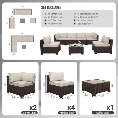 7‑Piece Wicker Patio Sectional Set with Coffee Table – Beige