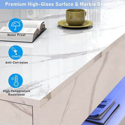 47.2" High‑Gloss LED Coffee Table with Sliding Drawers – Marble Print