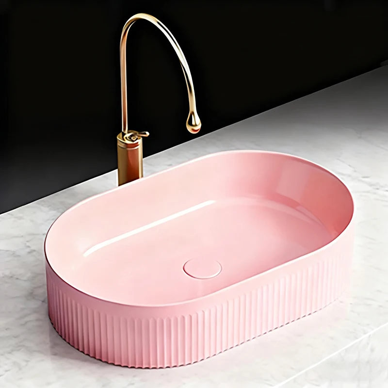 Pink Ceramic Vessel Sink – Modern Countertop Basin with Drain
