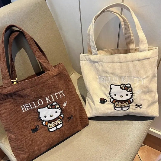 Hello Kitty Embroidered Corduroy Tote Bag (Reusable, Large Capacity, Kawaii Shoulder Handbag)