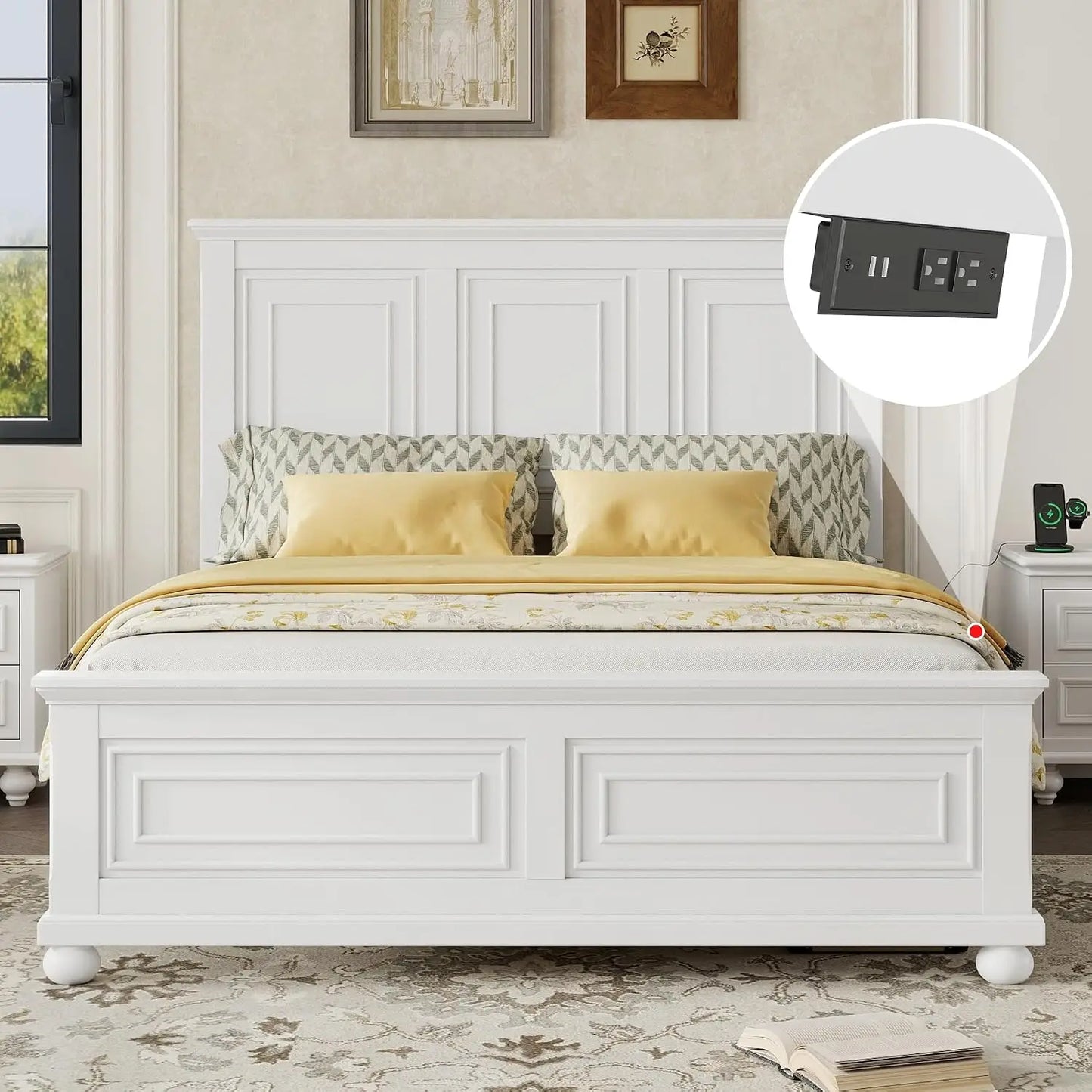 King Farmhouse Wood Bed Frame with Tall Headboard & Footboard