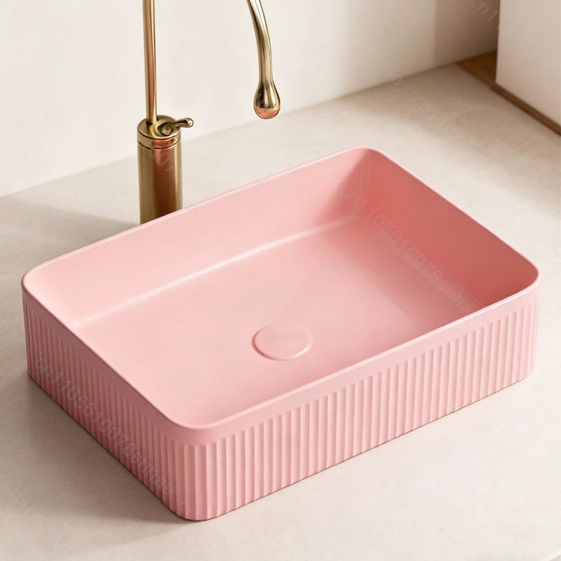 Pink Ceramic Vessel Sink – Modern Countertop Basin with Drain