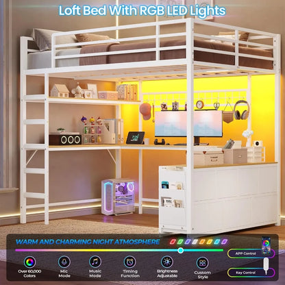 Full Loft Bed w/ U‑Desk, 7 Drawers, LED Lights & Charging Station — White