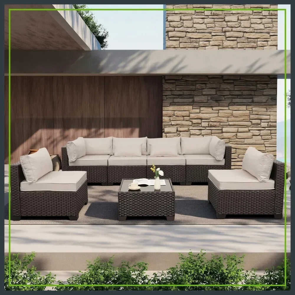 7‑Piece Wicker Patio Sectional Set with Coffee Table – Beige