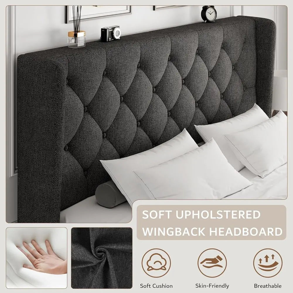 iPormis ull Size Platorm Bed e with Button Tuted board, Upholstered Bed e with Solid Wooden Slats, 8" Underbed Space, No Box Spr