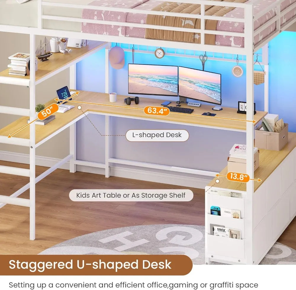 Full Loft Bed w/ U‑Desk, 7 Drawers, LED Lights & Charging Station — White