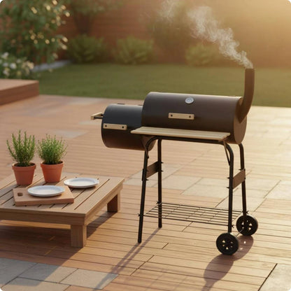 Two‑Chamber Barrel Charcoal Grill (Black, Wheeled, Outdoor BBQ)