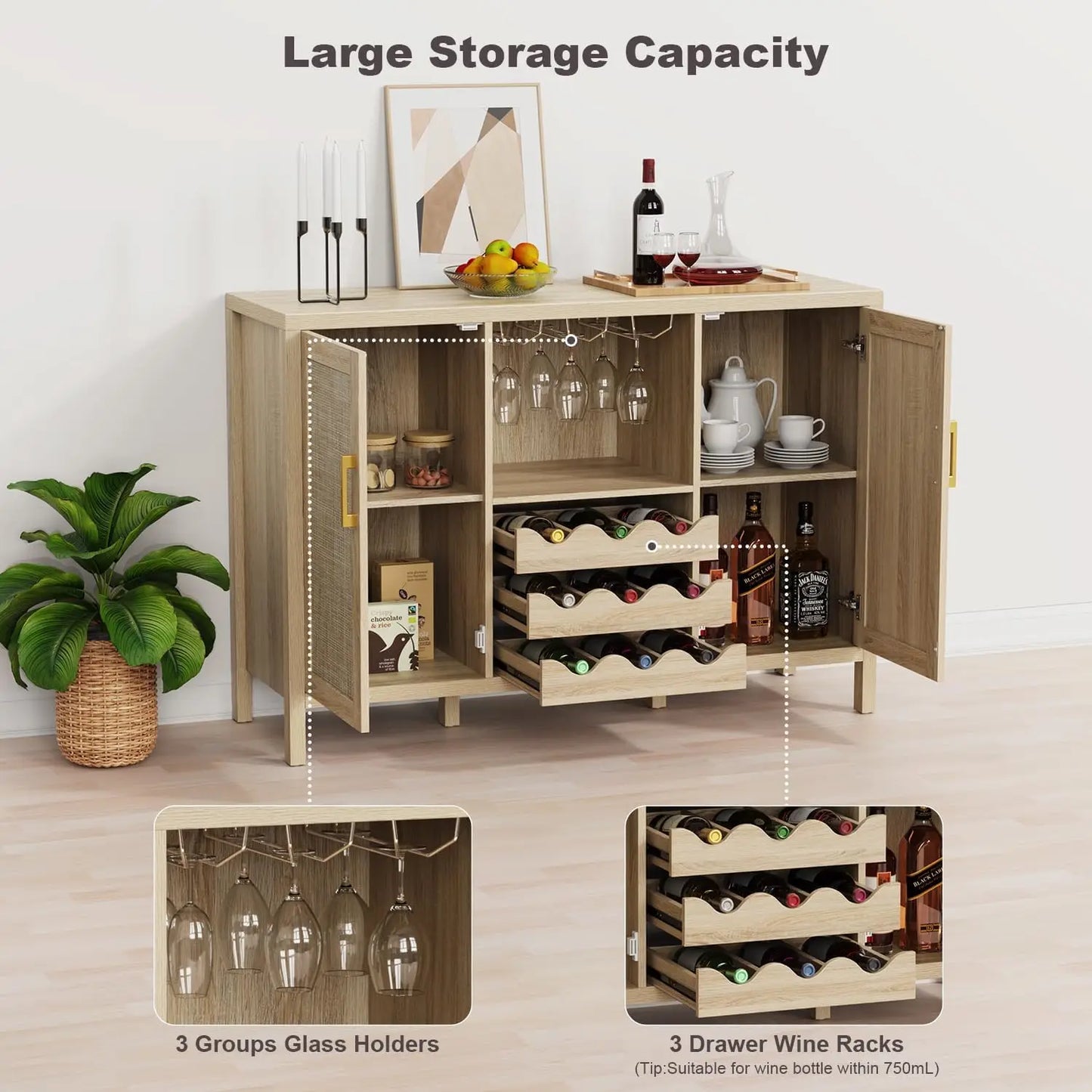 Boho Rattan Wine Bar Cabinet with Glass Holder & Drawer Racks (Custom)