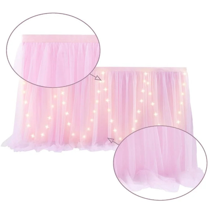 Tulle Table Skirt with LED Lights 6FT Table Cloth for Baby Shower Wedding Birthday Party Bar Home Table Valentine's Day Decor