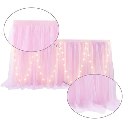 Tulle Table Skirt with LED Lights 6FT Table Cloth for Baby Shower Wedding Birthday Party Bar Home Table Valentine's Day Decor