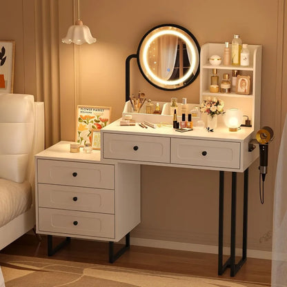 Vanity Desk — Mirror, Lights, 5 Drawers & Power Outlets