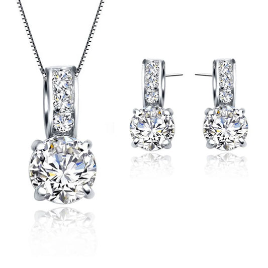925 Sterling Silver Color Bridal Jewelry Set Classic Cubic Zircon Crystal Pendant  Necklace Stud Earrings