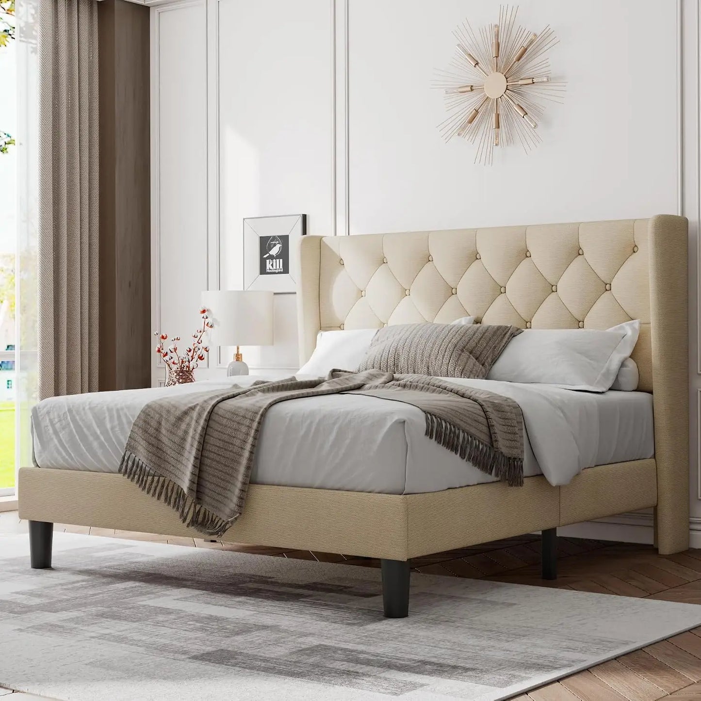 Queen Bed Frame with Diamond Tufted Wingback Headboard, Morden Upholstered Platform Bedframe, Sturdy Wooden Slats Support