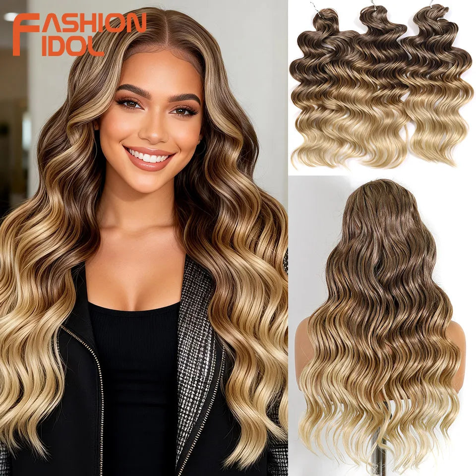 FASHION IDOL 24inch 300g/3pcs Deep Wave Crochet Hair Synthetic Water Wave Braiding Hair Ombre Rainbow color Fake Hair Extensions