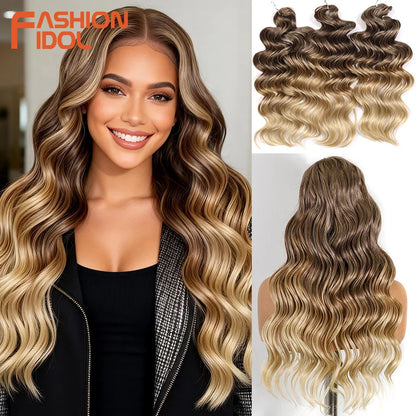 FASHION IDOL 24inch 300g/3pcs Deep Wave Crochet Hair Synthetic Water Wave Braiding Hair Ombre Rainbow color Fake Hair Extensions