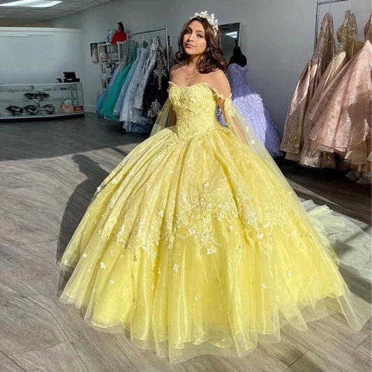 Off‑Shoulder Yellow Quinceañera Ball Gown