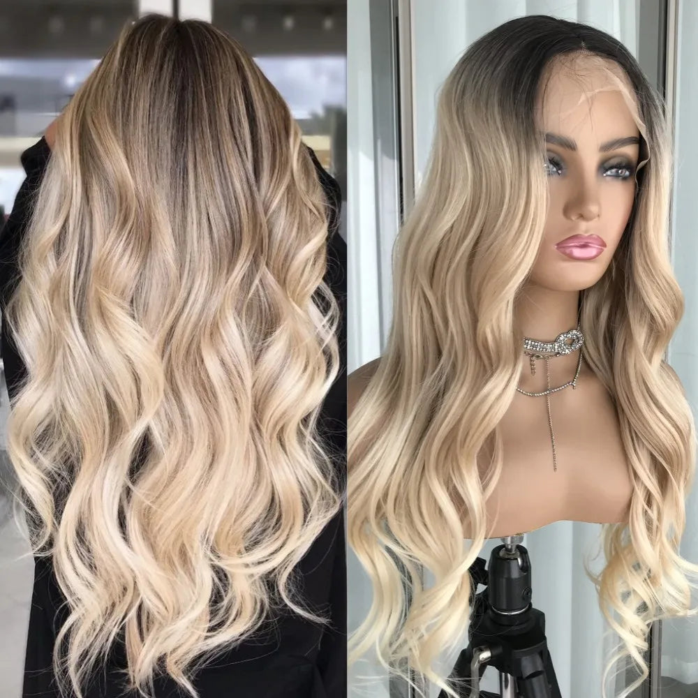 Ash Blonde Body Wave Lace Front Wig – Pre‑Plucked Long Wavy Synthetic Lace Frontal for Women