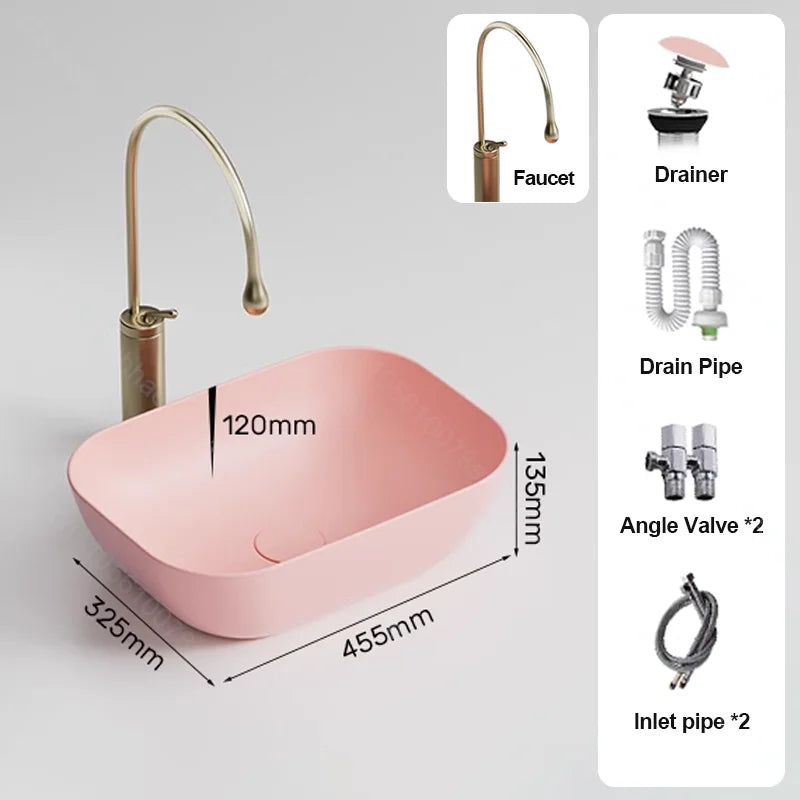 Pink Ceramic Vessel Sink – Modern Countertop Basin with Drain