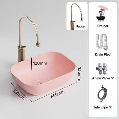 Pink Ceramic Vessel Sink – Modern Countertop Basin with Drain