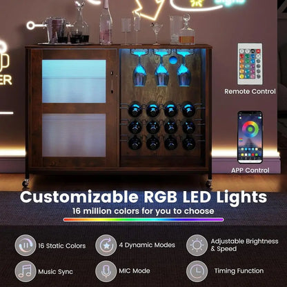 Rolling Wine Bar Cabinet with LED Lights — Rustic Brown