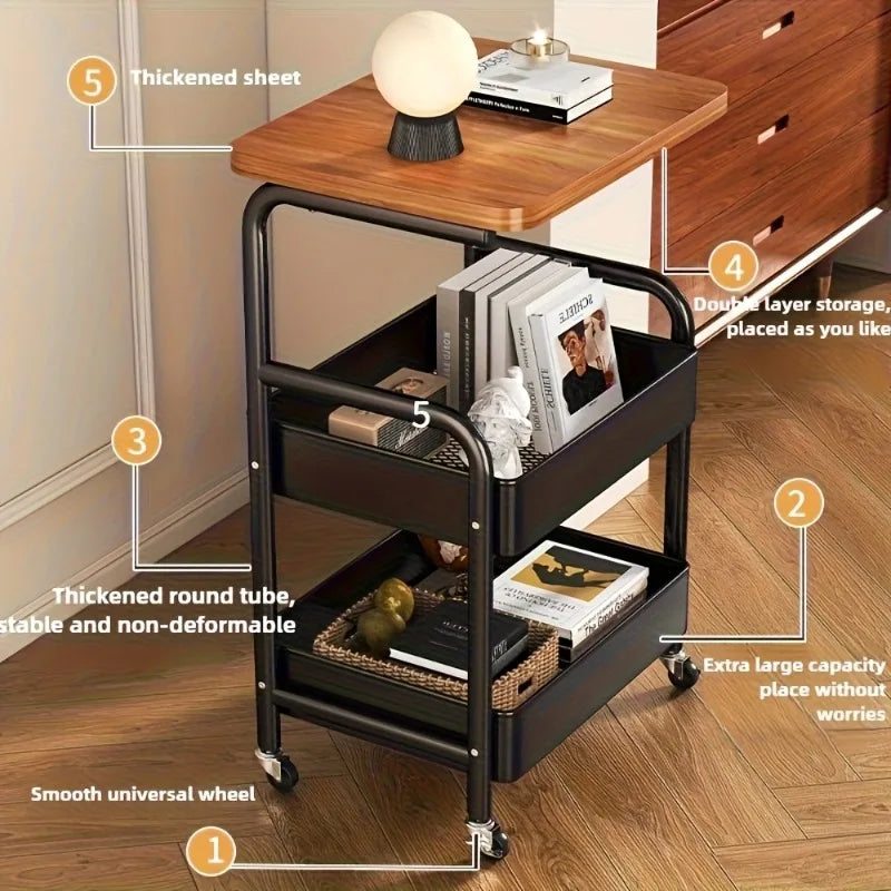 3-Tier Rolling Cart with Tabletop, Metal Tool and Snack Rack with Storage, Durable Carbon Steel Frame, Wheels for Easy Mobility