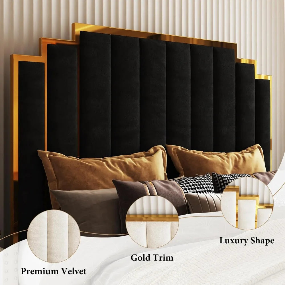 King Velvet Bed Frame with 65" Tall Gold Headboard – Black