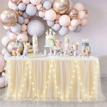 Tulle Table Skirt with LED Lights 6FT Table Cloth for Baby Shower Wedding Birthday Party Bar Home Table Valentine's Day Decor