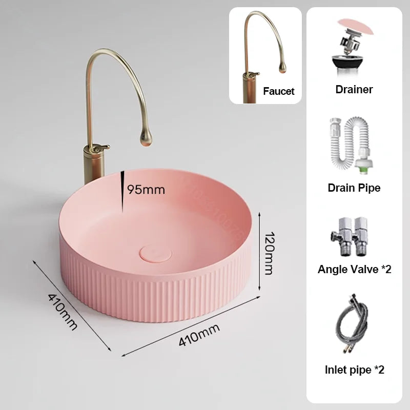 Pink Ceramic Vessel Sink – Modern Countertop Basin with Drain