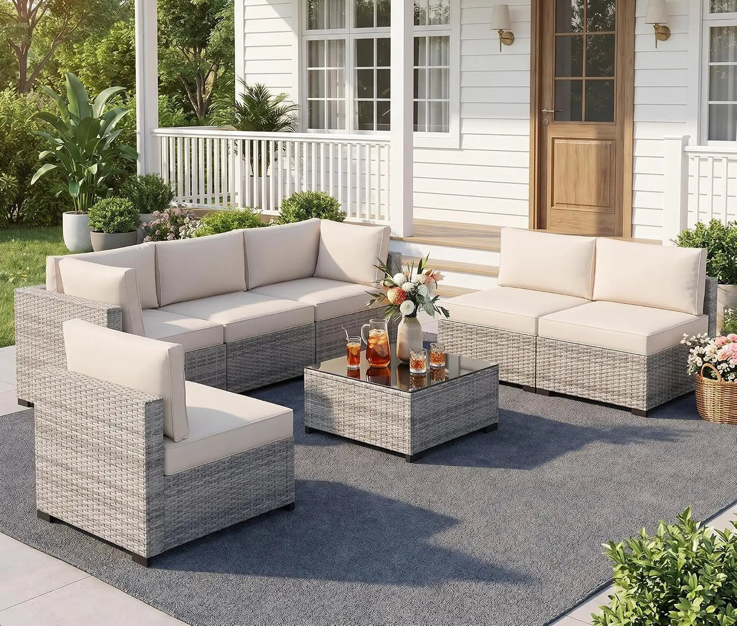 7‑Piece Wicker Rattan Patio Sofa Set with Coffee Table & Cushions