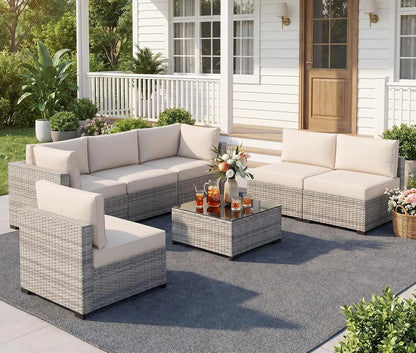 7‑Piece Wicker Rattan Patio Sofa Set with Coffee Table & Cushions