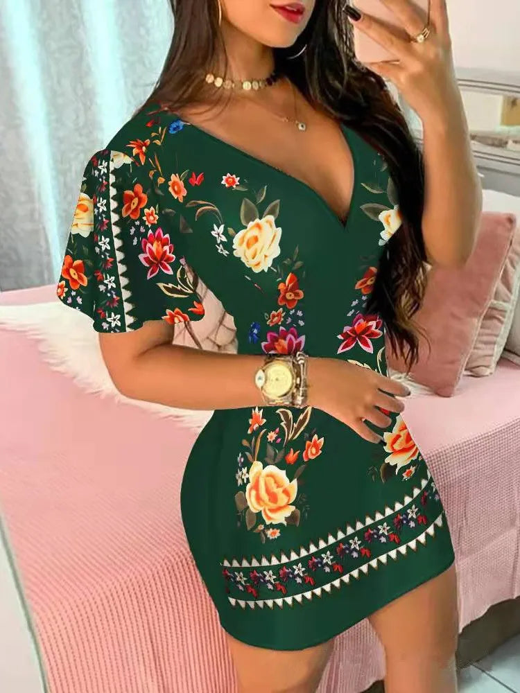 Women’s Elegant Floral Print Bodycon Mini Dress – Sexy Deep V‑Neck Summer Party & Office Look