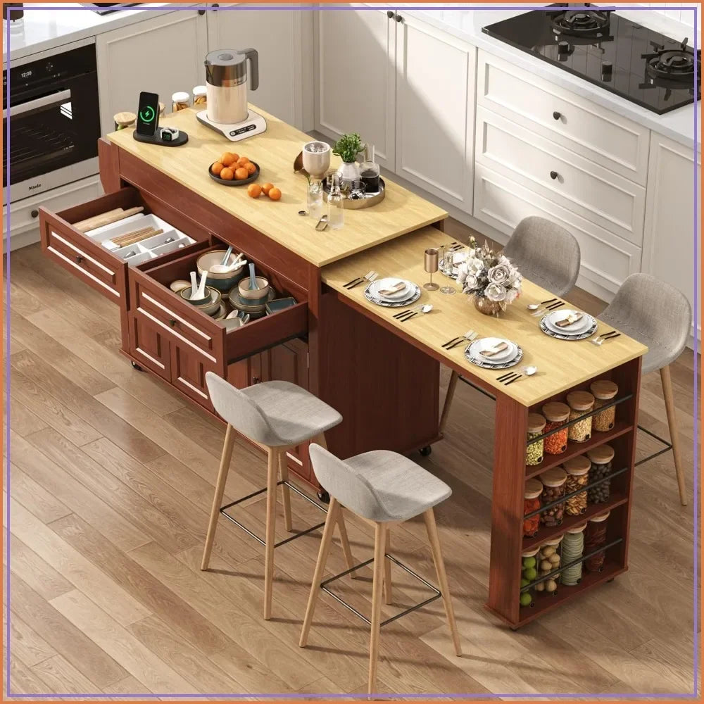 80"–48" Extendable Kitchen Island with Power Outlet – Brown