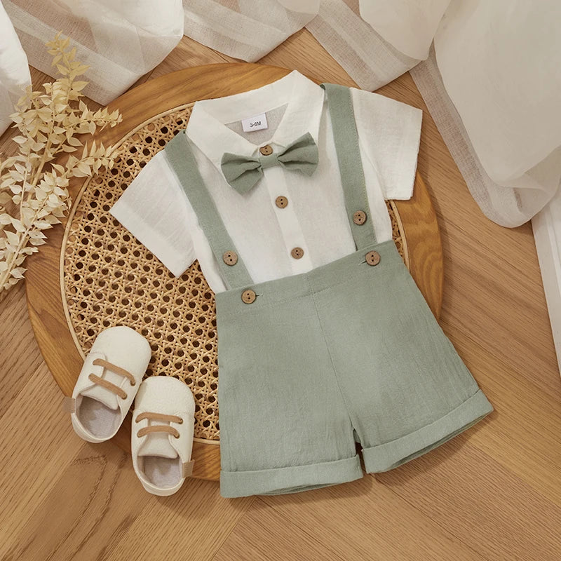 Baby Boy Outfits Short Sleeves Romper with Bow Tie Overalls Short Set