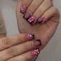 24Pcs French Pink Press on Nails Short Square Head Fake Nails with Flower Rhinestone Design Wearable Finished False Nail Tips