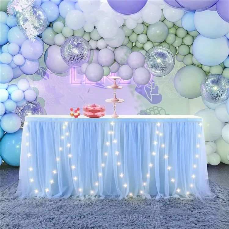 Tulle Table Skirt with LED Lights 6FT Table Cloth for Baby Shower Wedding Birthday Party Bar Home Table Valentine's Day Decor