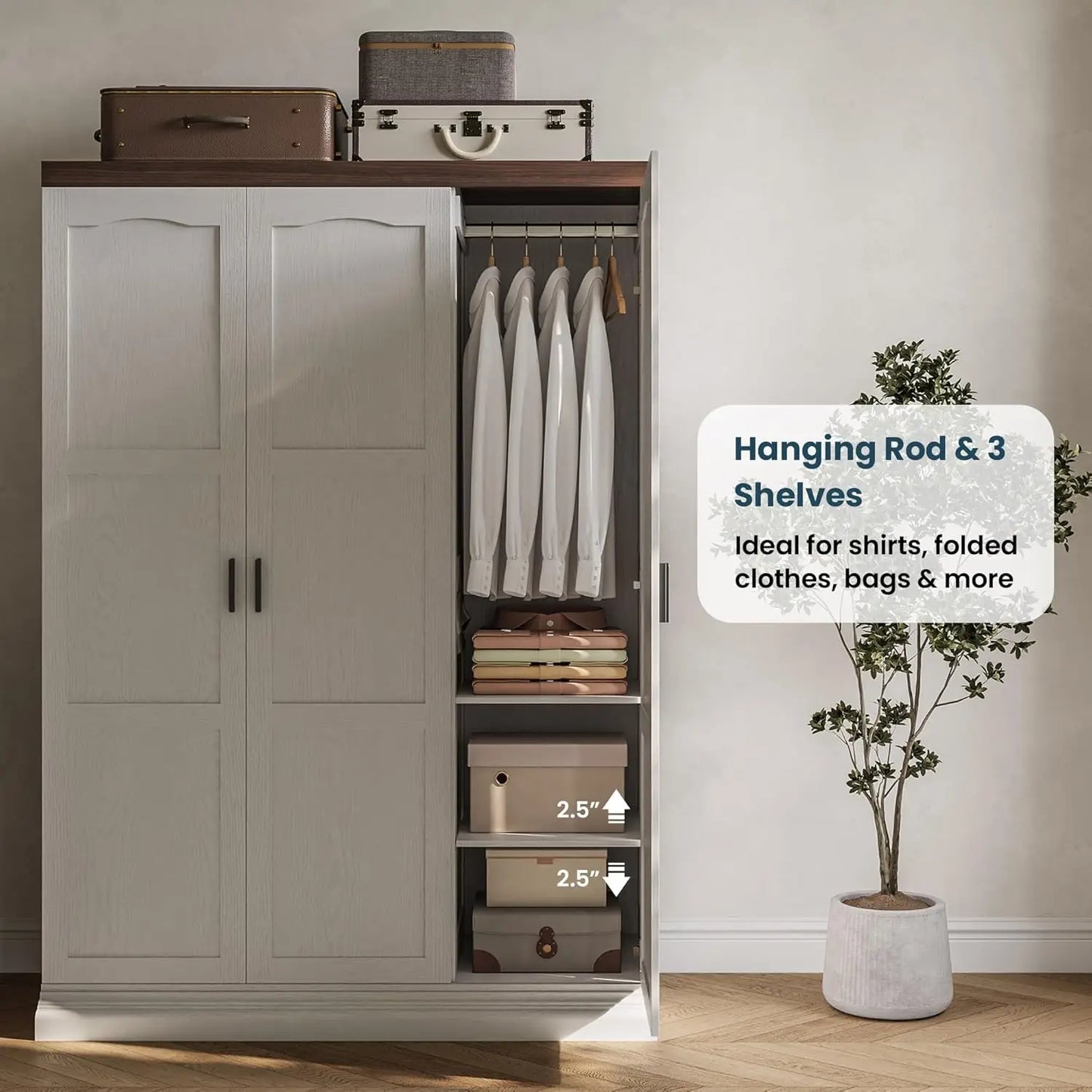 3 Door Armoire Wardrobe Closet with Mirror, Large Wardrobe Closet with Doors, White Armoire for Bedroom with Hanging