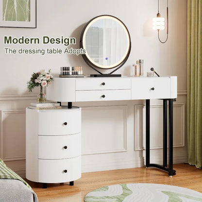 Round‑Mirror Vanity Desk with Lights — 6‑Drawer Makeup Table
