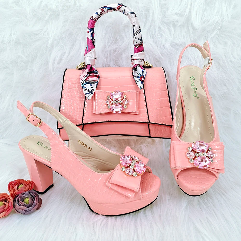 Doershow beautiful Italian shoe and bag set, featuring new shoes and matching bags from Italy in a stunning pink color, model HFG1-23.