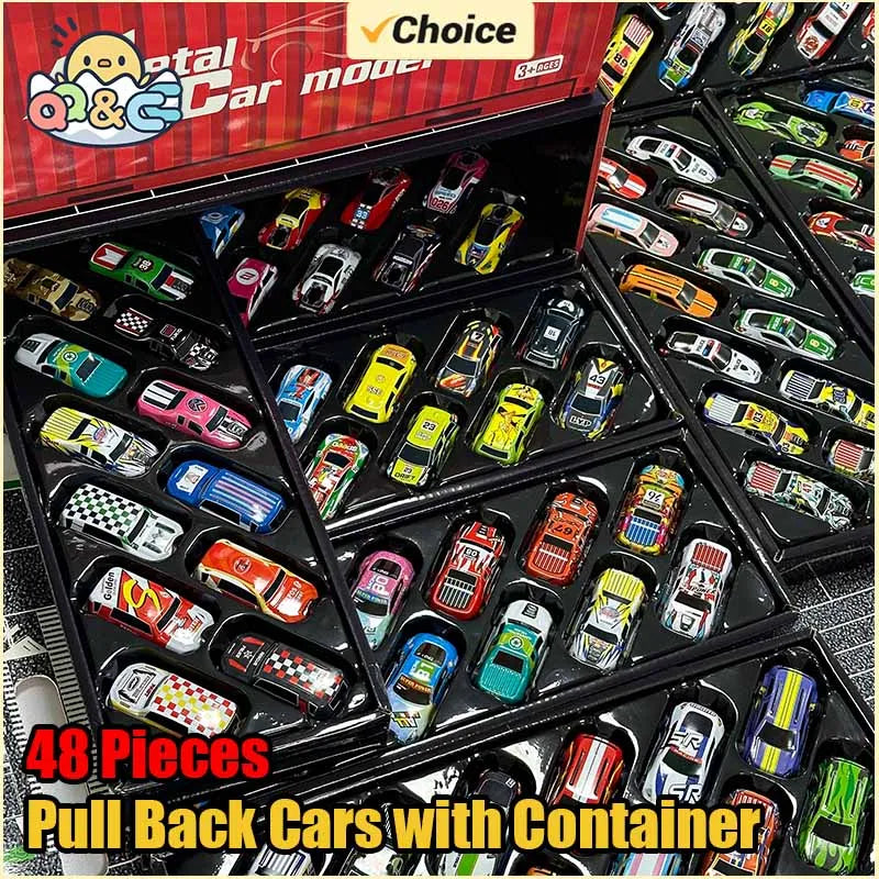 48 Pieces Mini Car Set Inertia Pull Back Cars for Boys Plastic Vehicle Model with Container Collection Toy Birthday Gift for Kid