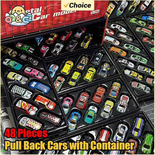 48 Pieces Mini Car Set Inertia Pull Back Cars for Boys Plastic Vehicle Model with Container Collection Toy Birthday Gift for Kid