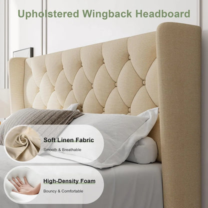 Queen Bed Frame with Diamond Tufted Wingback Headboard, Morden Upholstered Platform Bedframe, Sturdy Wooden Slats Support