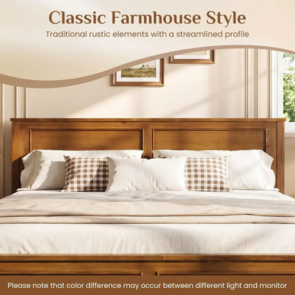 Wood Full Platform Bed with Headboard & Under‑Bed Storage