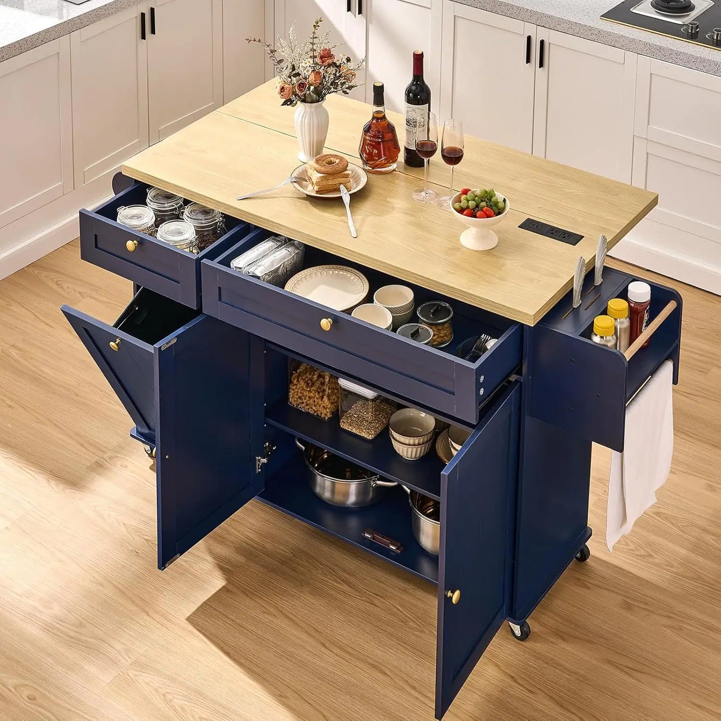 60.2" Kitchen Islands with Storage, Rolling Island Table with Trash Can Storage Cabinet, Mobile Island Cart with, Customized