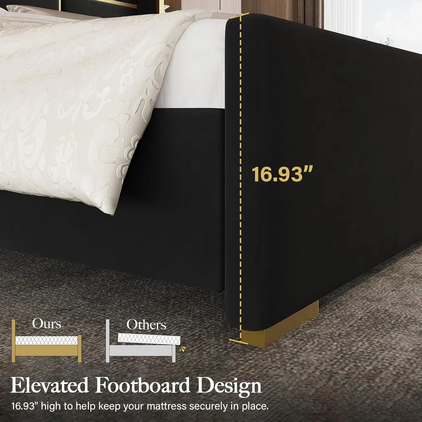 Full Bed Frame with 55" Tall Velvet Headboard – Gold Trim