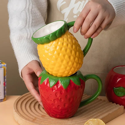 Creative Ceramic Strawberry Pumpkin Pineapple Coffee Cup Kids Fruit Mug Home Office Breakfast Milk Drink Mug Birthday Gift